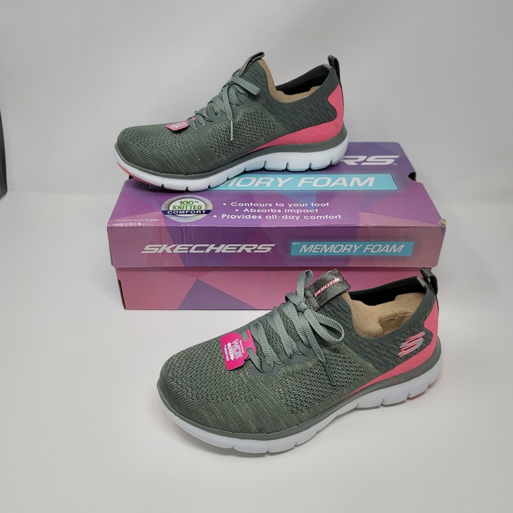 Skechers Flex Appeal 2.0 Turn Womens Sneakers Sz 8W Olive Green/Pink Memory Foam